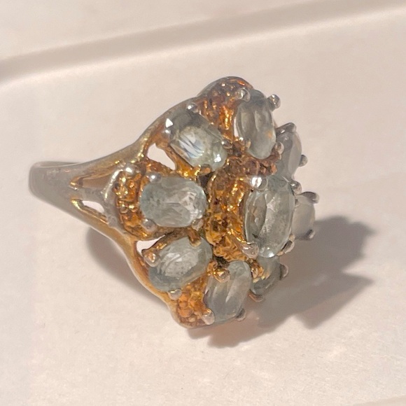Vintage Aquamarine 925 M Cluster Rare Floral Antique Cluster Ring - Picture 5 of 10